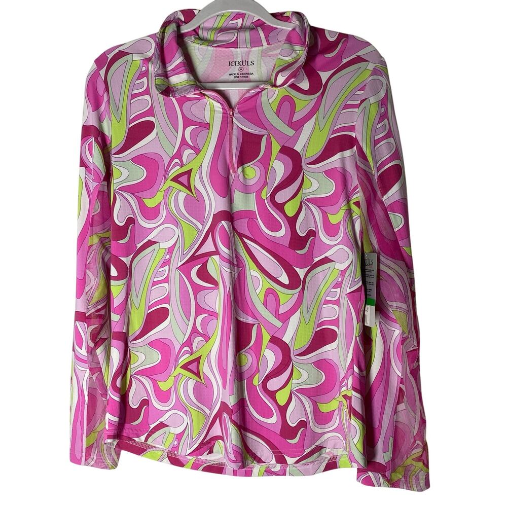 ICIKULS Women’s Abstract Swirl Print Top Long Sleeve Zip Neck Retro Medium NWT
